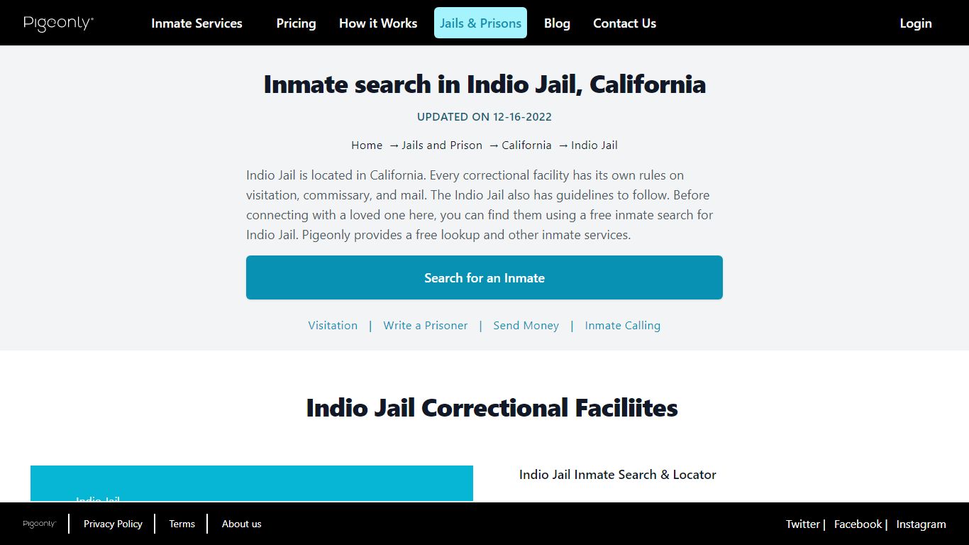 Inmate Search Indio Jail, California | Pigeonly